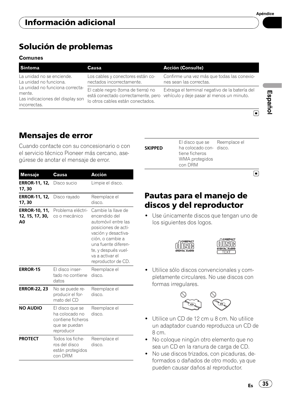 Información adicional solución de problemas, Mensajes de error, Pautas para el manejo de discos y del | Reproductor, Solución de problemas, Pautas para el manejo de discos y del reproductor, Información adicional, Español | Pioneer DEH-2900MPB User Manual | Page 35 / 60