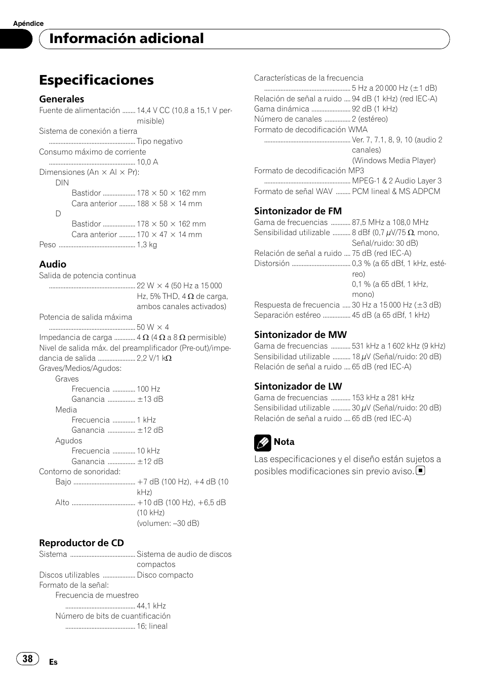 Especificaciones, Información adicional | Pioneer DEH-2900MPB User Manual | Page 38 / 60