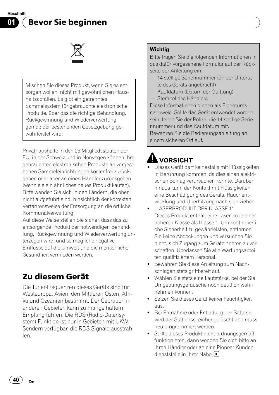 Bevor sie beginnen, Zu diesem gerät | Pioneer DEH-2900MPB User Manual | Page 40 / 60