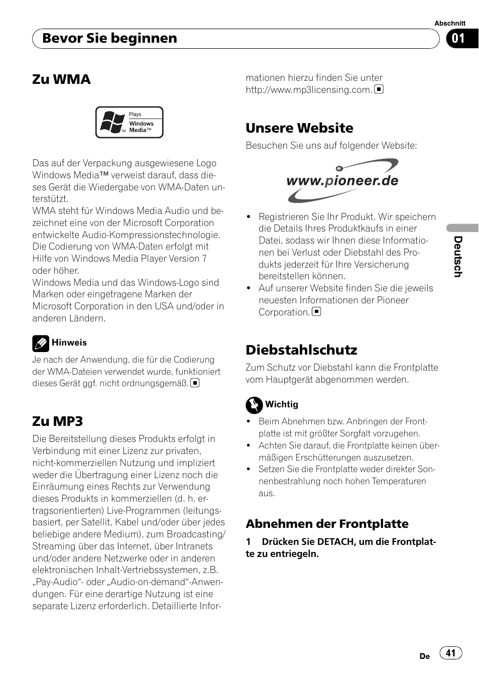 Zu wma, Zu mp3, Unsere website | Diebstahlschutz, Abnehmen der frontplatte 41, Bevor sie beginnen | Pioneer DEH-2900MPB User Manual | Page 41 / 60