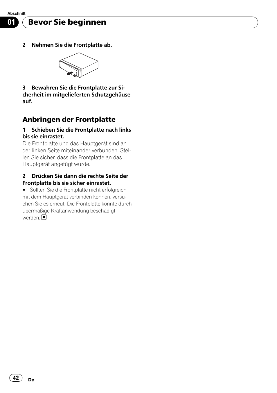 Anbringen der frontplatte 42, Bevor sie beginnen | Pioneer DEH-2900MPB User Manual | Page 42 / 60