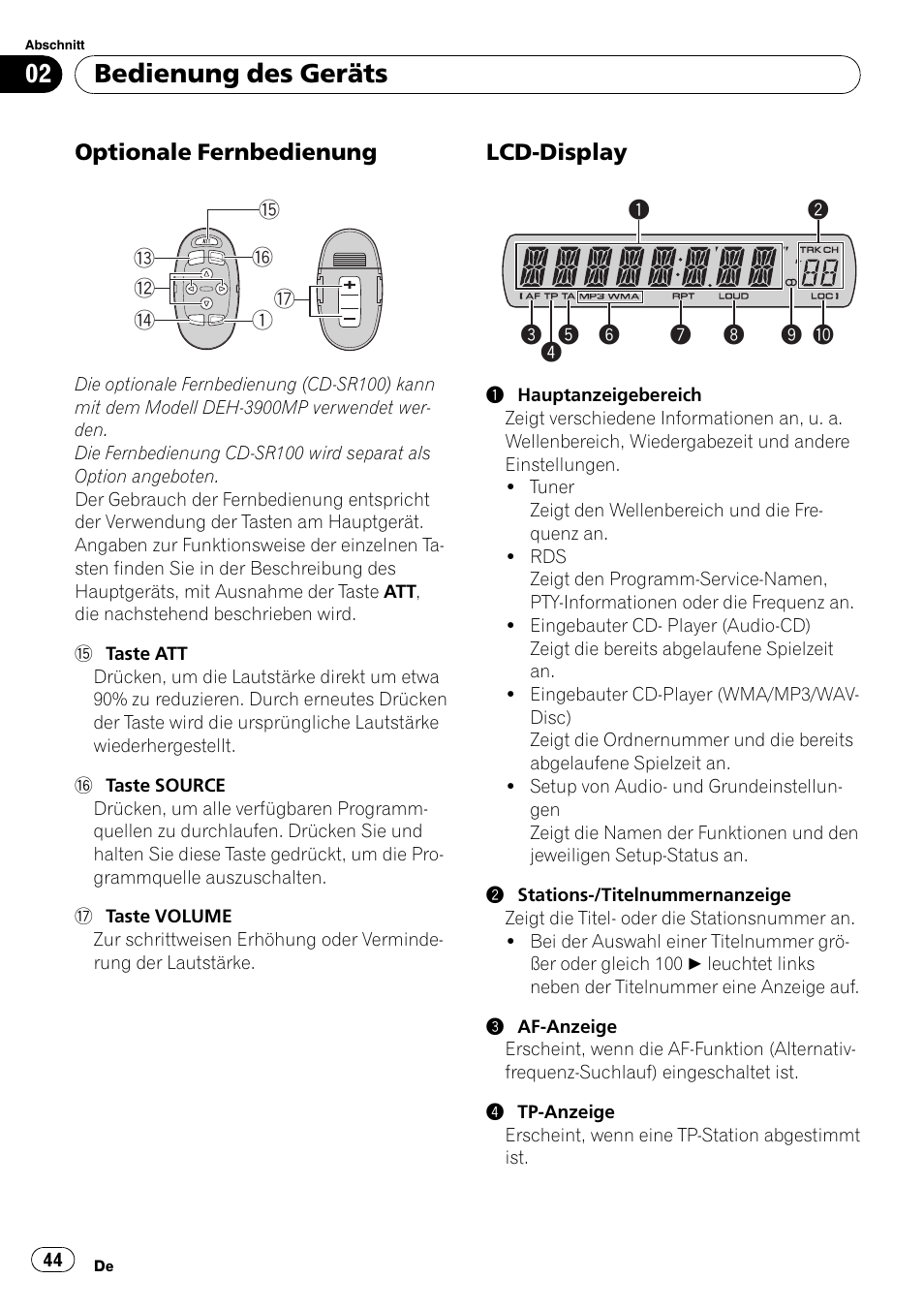 Optionale fernbedienung 44, Lcd-display 44, Bedienung des geräts | Pioneer DEH-2900MPB User Manual | Page 44 / 60