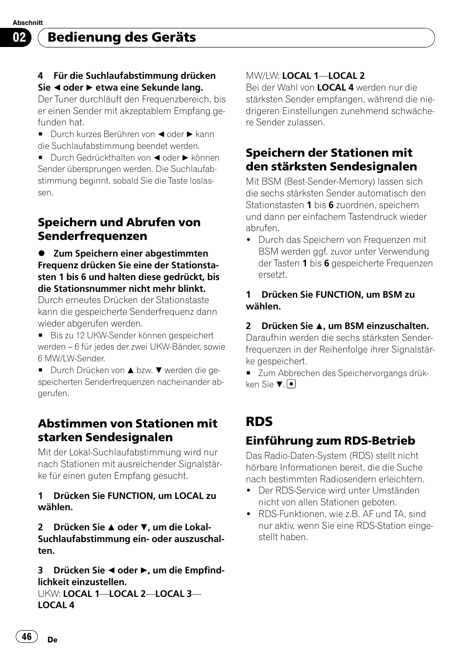 Speichern und abrufen von, Senderfrequenzen, Abstimmen von stationen mit starken | Sendesignalen, Speichern der stationen mit den, Stärksten sendesignalen, Einführung zum rds-betrieb 46, Bedienung des geräts, Speichern und abrufen von senderfrequenzen, Abstimmen von stationen mit starken sendesignalen | Pioneer DEH-2900MPB User Manual | Page 46 / 60