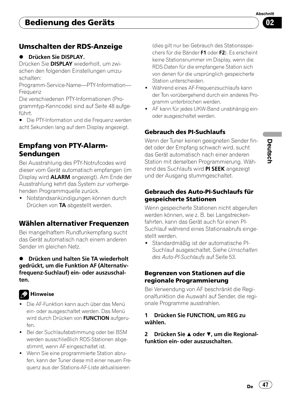 Umschalten der rds-anzeige 47, Empfang von pty-alarm, Sendungen | Wählen alternativer frequenzen 47, Bedienung des geräts, Umschalten der rds-anzeige, Empfang von pty-alarm- sendungen, Wählen alternativer frequenzen | Pioneer DEH-2900MPB User Manual | Page 47 / 60