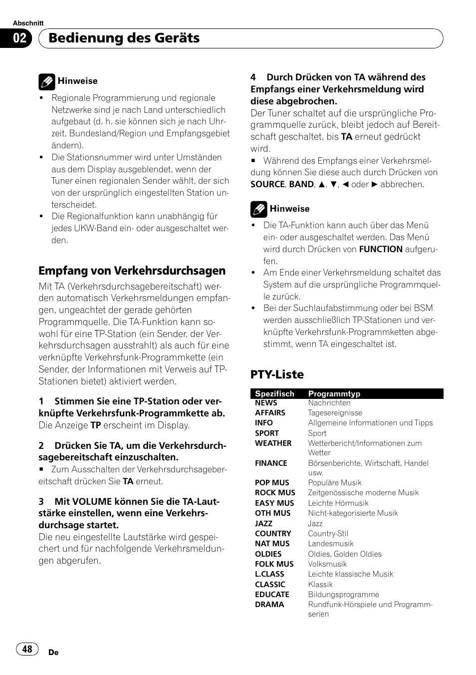 Empfang von verkehrsdurchsagen 48, Pty-liste 48, Bedienung des geräts | Empfang von verkehrsdurchsagen, Pty-liste | Pioneer DEH-2900MPB User Manual | Page 48 / 60