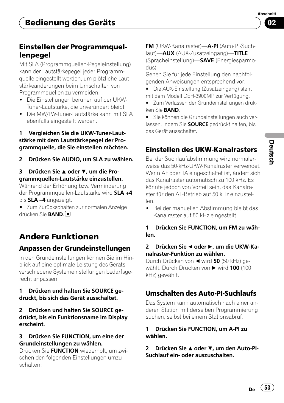 Einstellen der, Programmquellenpegel, Andere funktionen | Anpassen der grundeinstellungen 53, Einstellen des ukw-kanalrasters 53, Umschalten des auto-pi, Suchlaufs, Bedienung des geräts, Einstellen der programmquel- lenpegel, Anpassen der grundeinstellungen | Pioneer DEH-2900MPB User Manual | Page 53 / 60