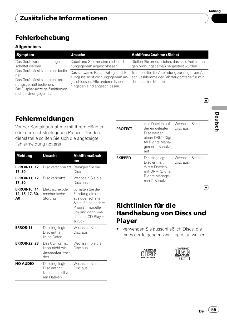 Zusätzliche informationen fehlerbehebung, Fehlermeldungen, Richtlinien für die handhabung von discs | Und player, Seite 55, Fehlermeldun, Gen auf seite 55, Fehlerbehebung, Zusätzliche informationen, Deutsch | Pioneer DEH-2900MPB User Manual | Page 55 / 60