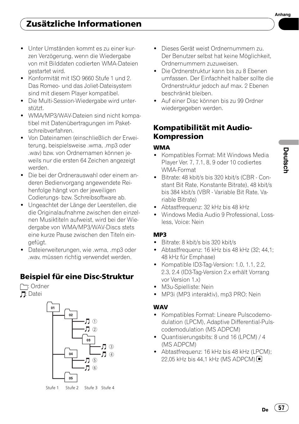 Beispiel für eine disc-struktur 57, Kompatibilität mit audio, Kompression | Zusätzliche informationen, Beispiel für eine disc-struktur, Kompatibilität mit audio- kompression | Pioneer DEH-2900MPB User Manual | Page 57 / 60