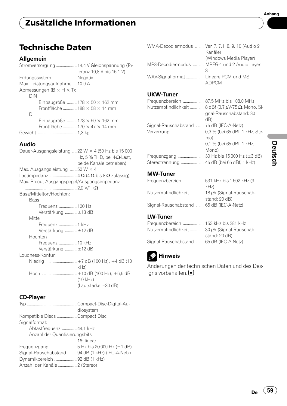 Technische daten, Zusätzliche informationen, Deutsch | Pioneer DEH-2900MPB User Manual | Page 59 / 60