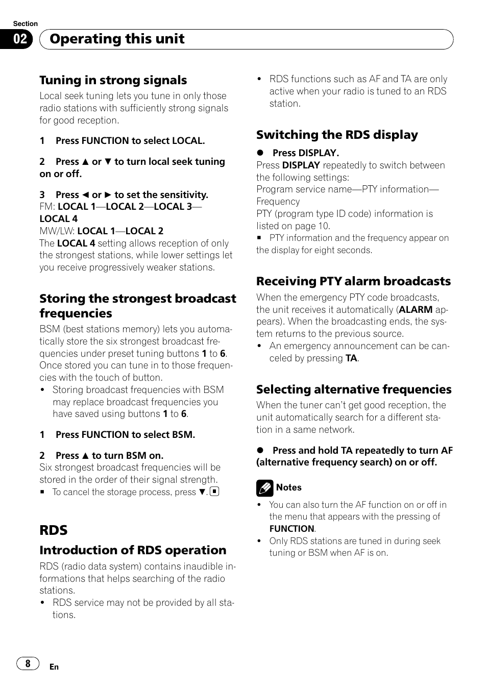 Tuning in strong signals 8, Storing the strongest broadcast, Frequencies | Introduction of rds operation 8, Switching the rds display 8, Receiving pty alarm broadcasts 8, Selecting alternative frequencies 8, Operating this unit, Tuning in strong signals, Storing the strongest broadcast frequencies | Pioneer DEH-2900MPB User Manual | Page 8 / 60