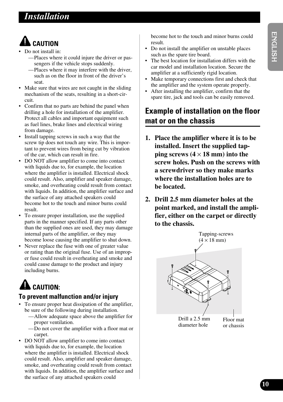 Installation, Example of installation on the floor mat, Or on the chassis | Pioneer GM-3300T User Manual | Page 11 / 85