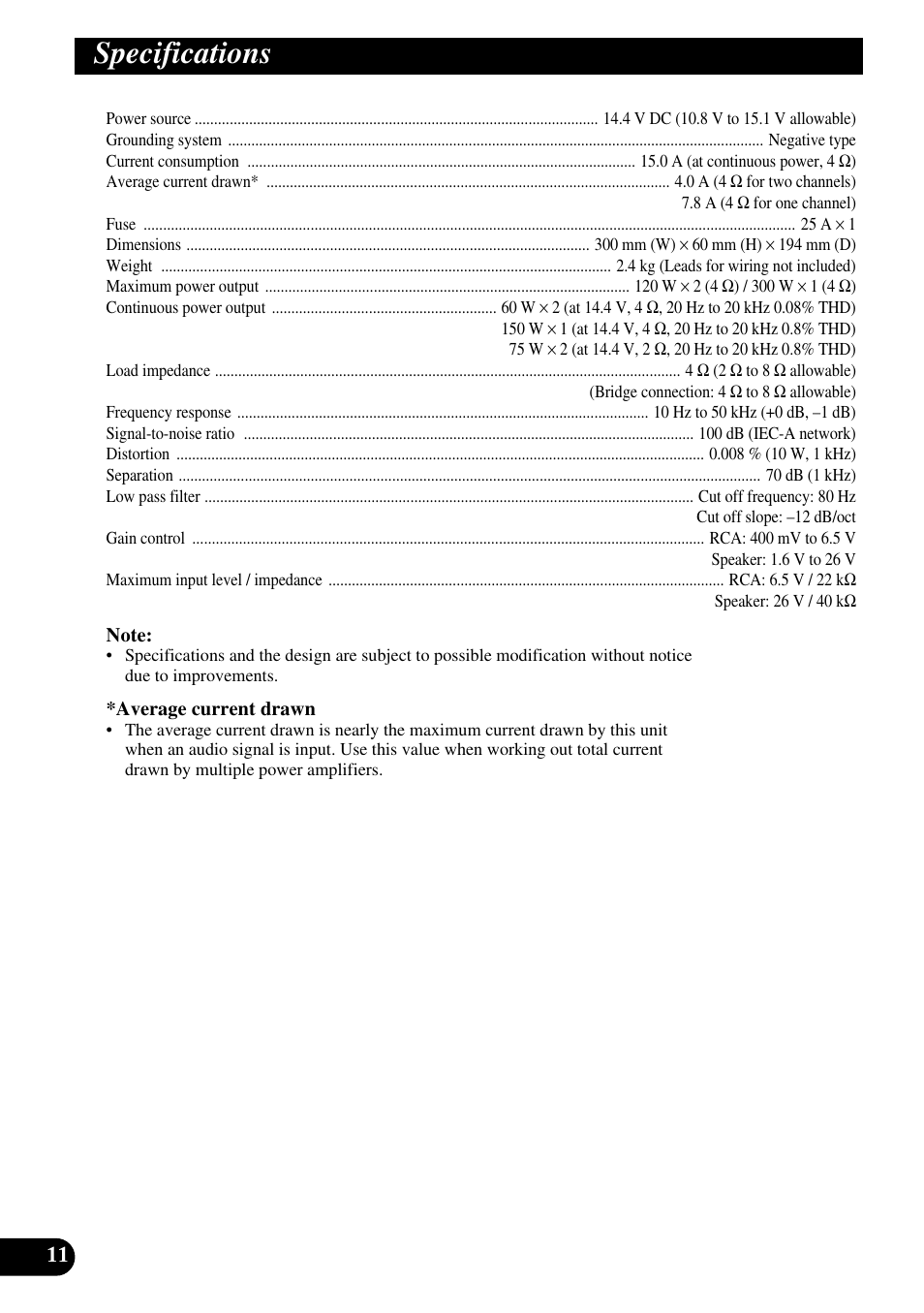 Specifications | Pioneer GM-3300T User Manual | Page 12 / 85