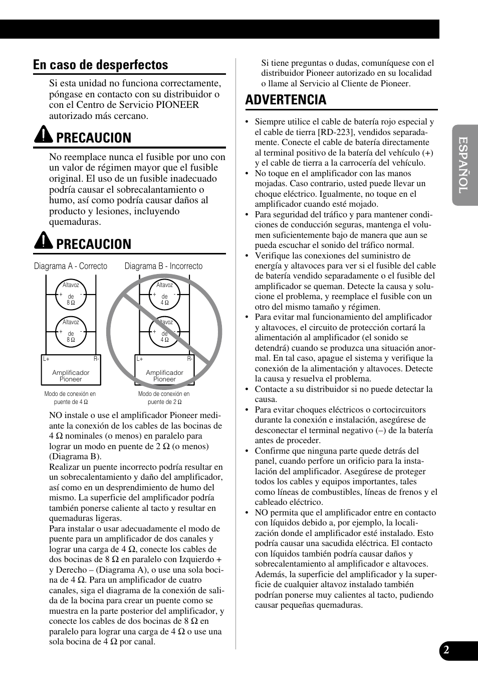 En caso de desperfectos, Precaucion, Advertencia | Pioneer GM-3300T User Manual | Page 15 / 85