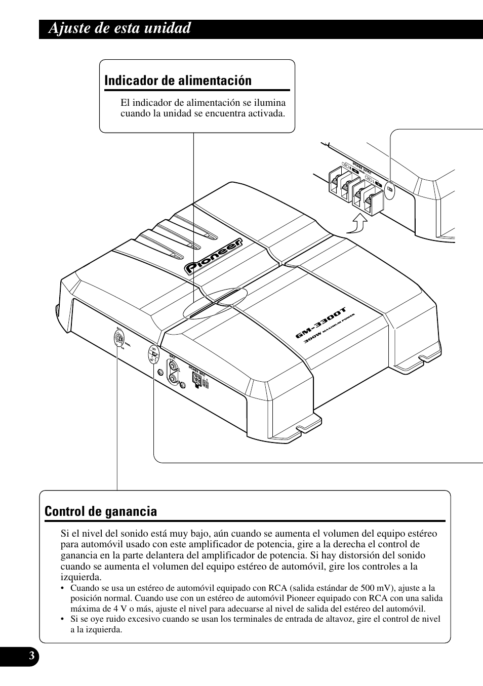 Ajuste de esta unidad, Indicador de alimentación control de ganancia, Control de ganancia | Indicador de alimentación | Pioneer GM-3300T User Manual | Page 16 / 85