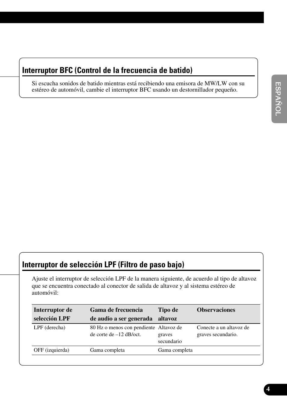 Interruptor bfc, Control de la frecuencia de batido), Interruptor de selección | Lpf (filtro de paso bajo), Interruptor de selección lpf (filtro de paso bajo) | Pioneer GM-3300T User Manual | Page 17 / 85