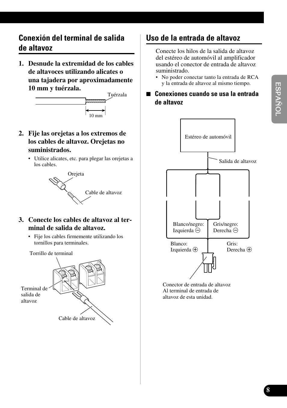 Conexión del terminal de salida de altavoz, Uso de la entrada de altavoz | Pioneer GM-3300T User Manual | Page 21 / 85