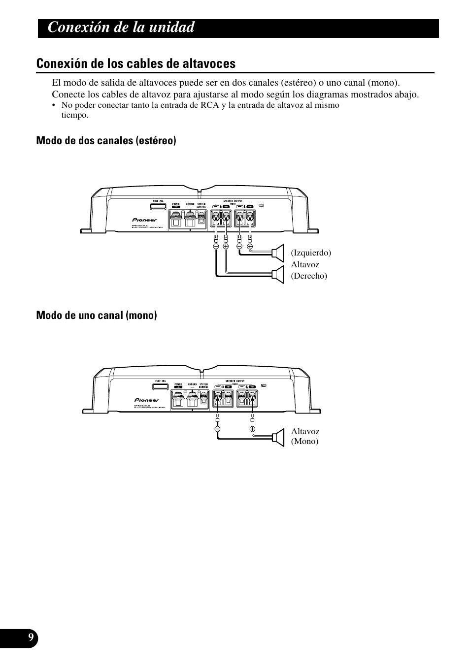 Conexión de los cables de altavoces, Conexión de la unidad | Pioneer GM-3300T User Manual | Page 22 / 85