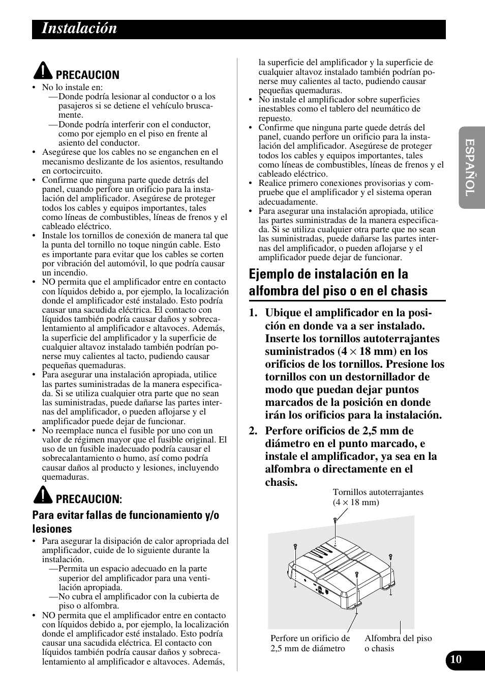 Instalación, Ejemplo de instalación en la alfombra, Del piso o en el chasis | Pioneer GM-3300T User Manual | Page 23 / 85