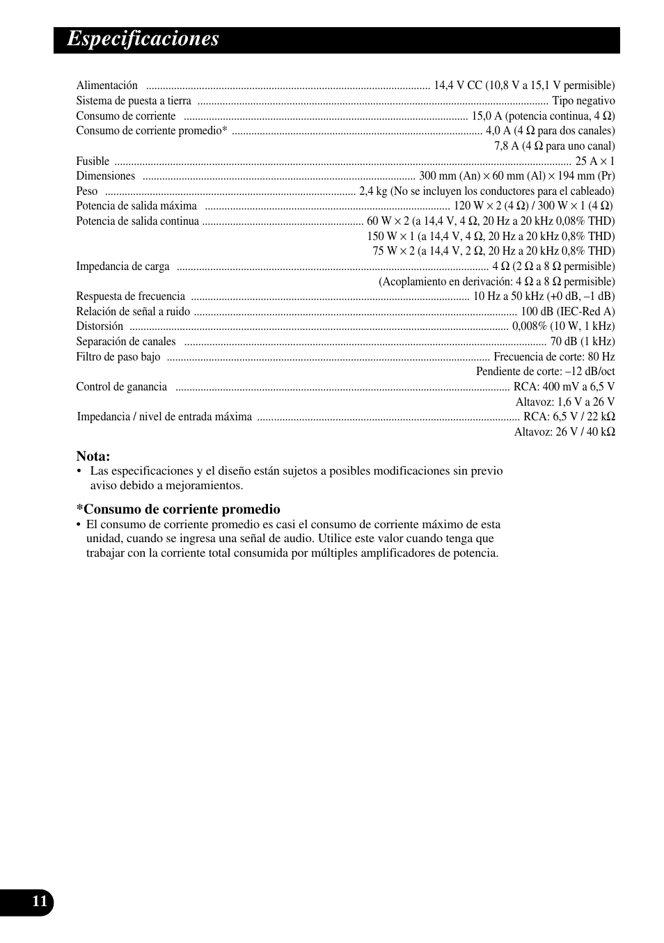 Especificaciones | Pioneer GM-3300T User Manual | Page 24 / 85