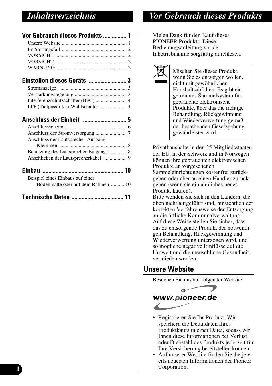 Deutsch, Inhaltsverzeichnis vor gebrauch dieses produkts, Unsere website | Pioneer GM-3300T User Manual | Page 26 / 85