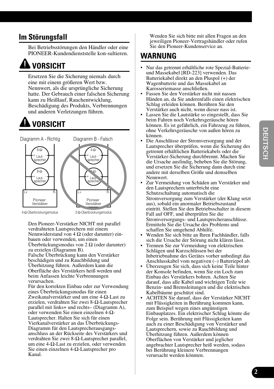 Im störungsfall vorsicht vorsicht warnung, Im störungsfall, Vorsicht | Warnung | Pioneer GM-3300T User Manual | Page 27 / 85