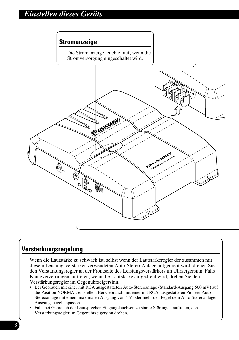 Einstellen dieses geräts, Stromanzeige verstärkungsregelung, Verstärkungsregelung | Stromanzeige | Pioneer GM-3300T User Manual | Page 28 / 85