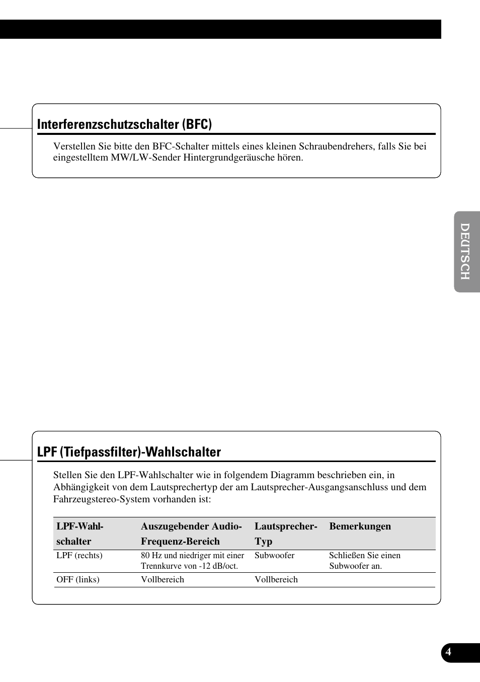 Lpf (tiefpassfilter)-wahlschalter, Interferenzschutzschalter (bfc) | Pioneer GM-3300T User Manual | Page 29 / 85