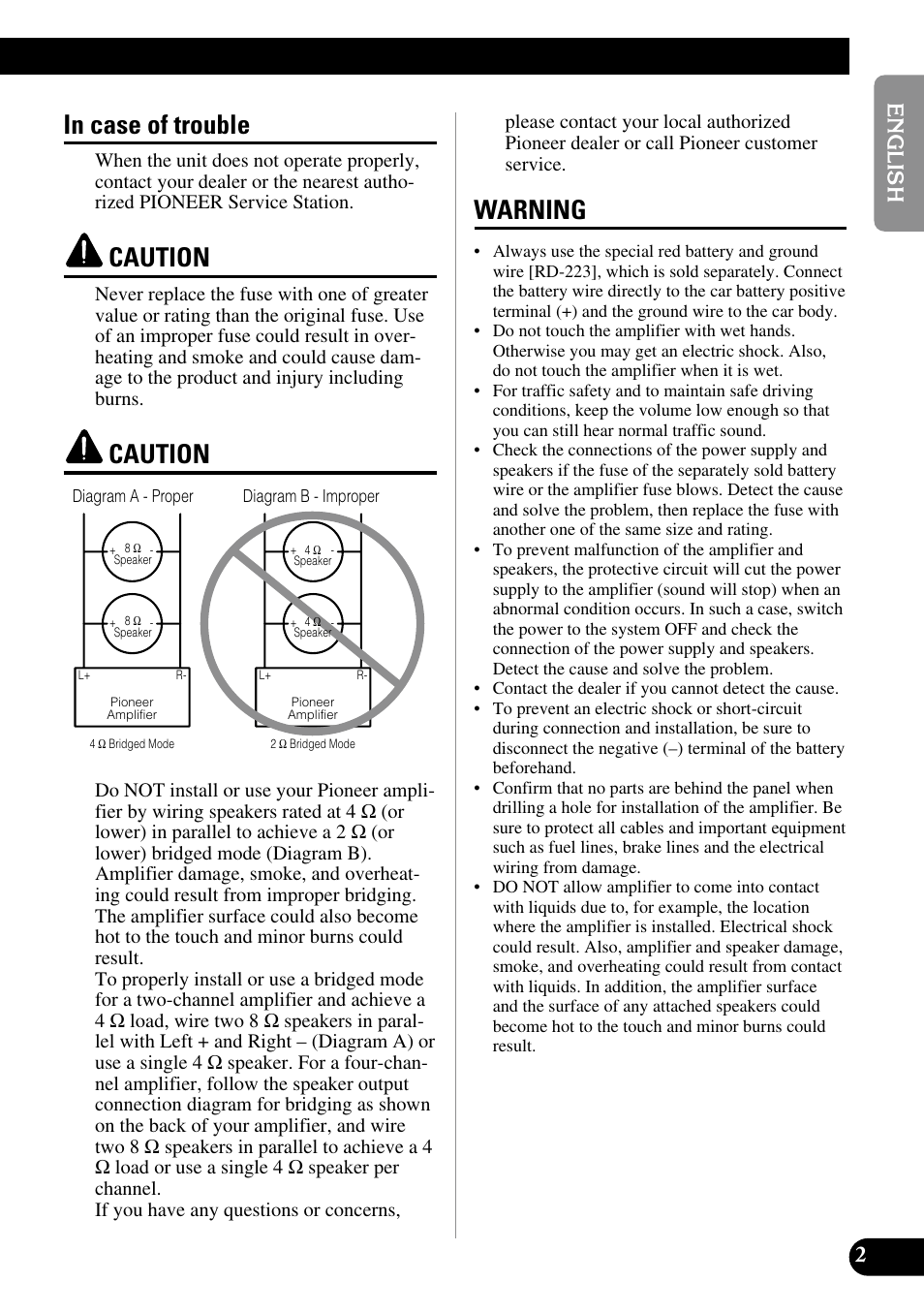 In case of trouble caution caution warning, Caution, Warning | Pioneer GM-3300T User Manual | Page 3 / 85