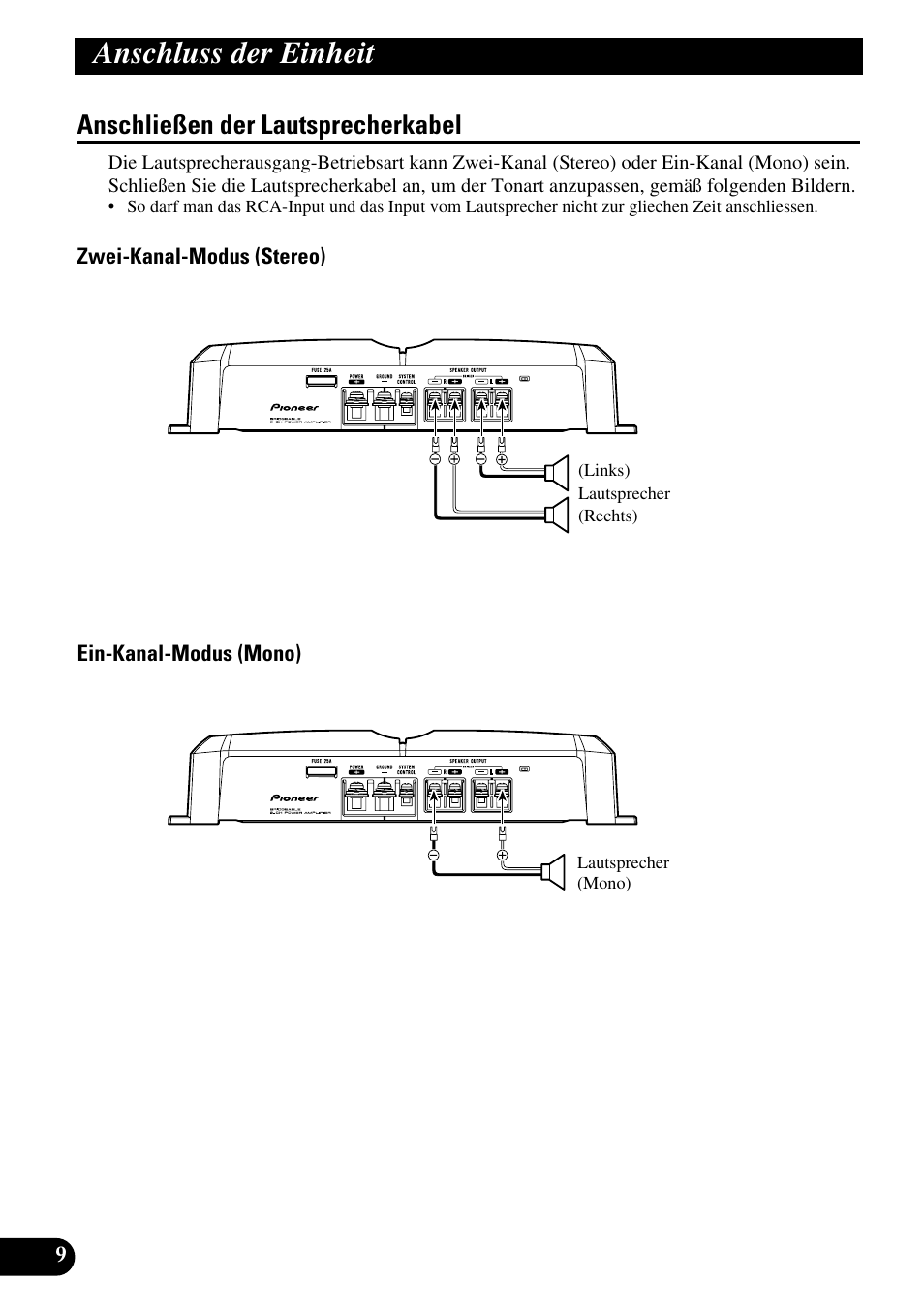 Anschließen der lautsprecherkabel, Anschluss der einheit | Pioneer GM-3300T User Manual | Page 34 / 85