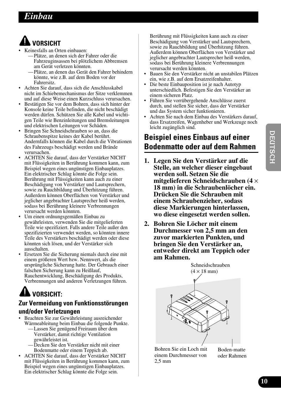Einbau, Beispiel eines einbaus auf einer, Bodenmatte oder auf dem rahmen | Pioneer GM-3300T User Manual | Page 35 / 85