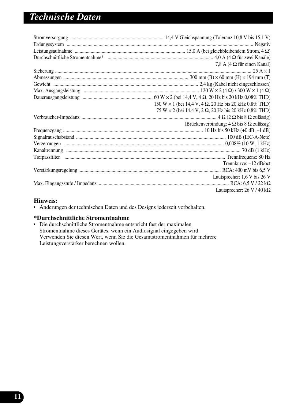 Technische daten | Pioneer GM-3300T User Manual | Page 36 / 85