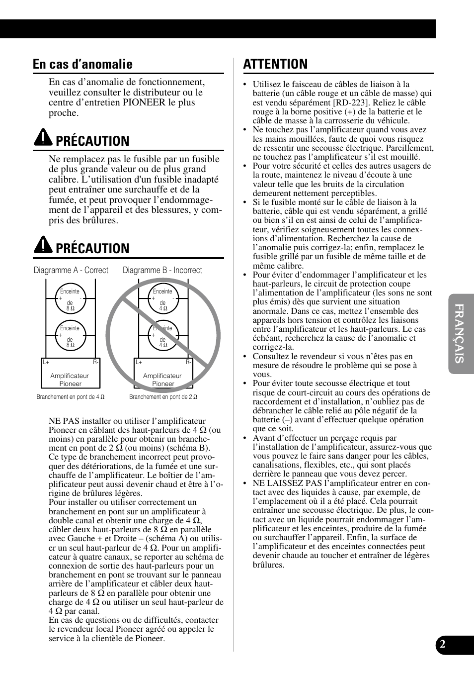 En cas d’anomalie précaution précaution attention, En cas d’anomalie, Précaution | Attention | Pioneer GM-3300T User Manual | Page 39 / 85