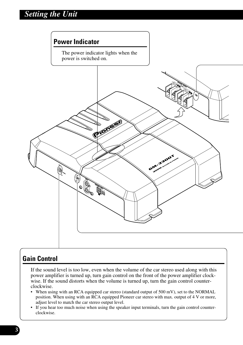 Setting the unit, Power indicator gain control, Gain control | Power indicator | Pioneer GM-3300T User Manual | Page 4 / 85