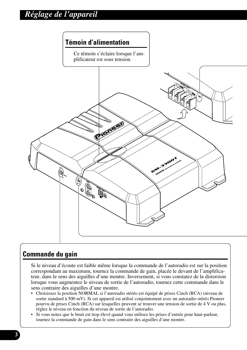 Réglage de l’appareil, Témoin d’alimentation commande du gain, Commande du gain | Témoin d’alimentation | Pioneer GM-3300T User Manual | Page 40 / 85