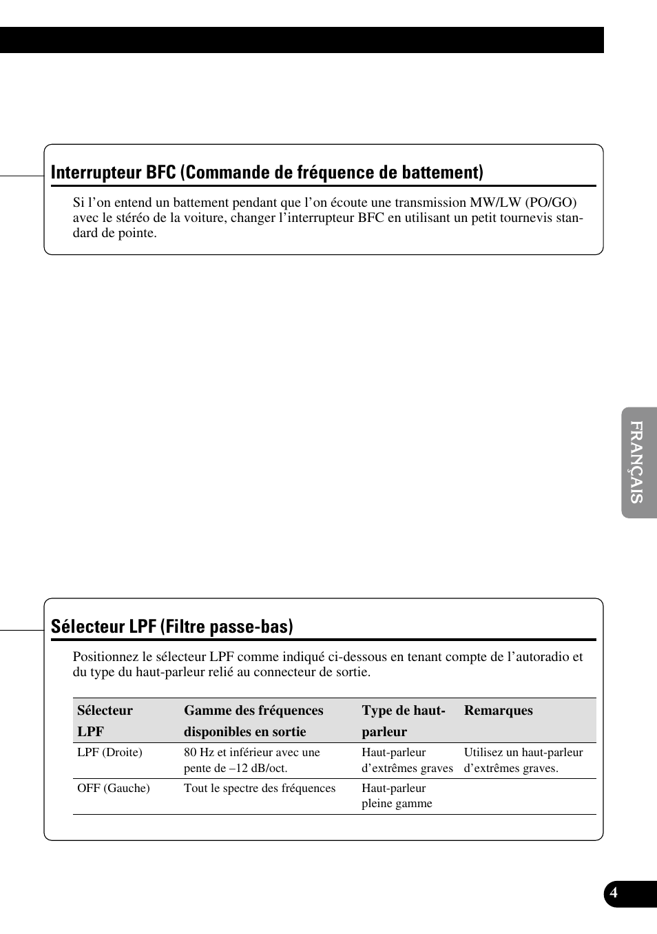 Interrupteur bfc (commande de fréquence, De battement), Sélecteur lpf (filtre passe-bas) | Pioneer GM-3300T User Manual | Page 41 / 85