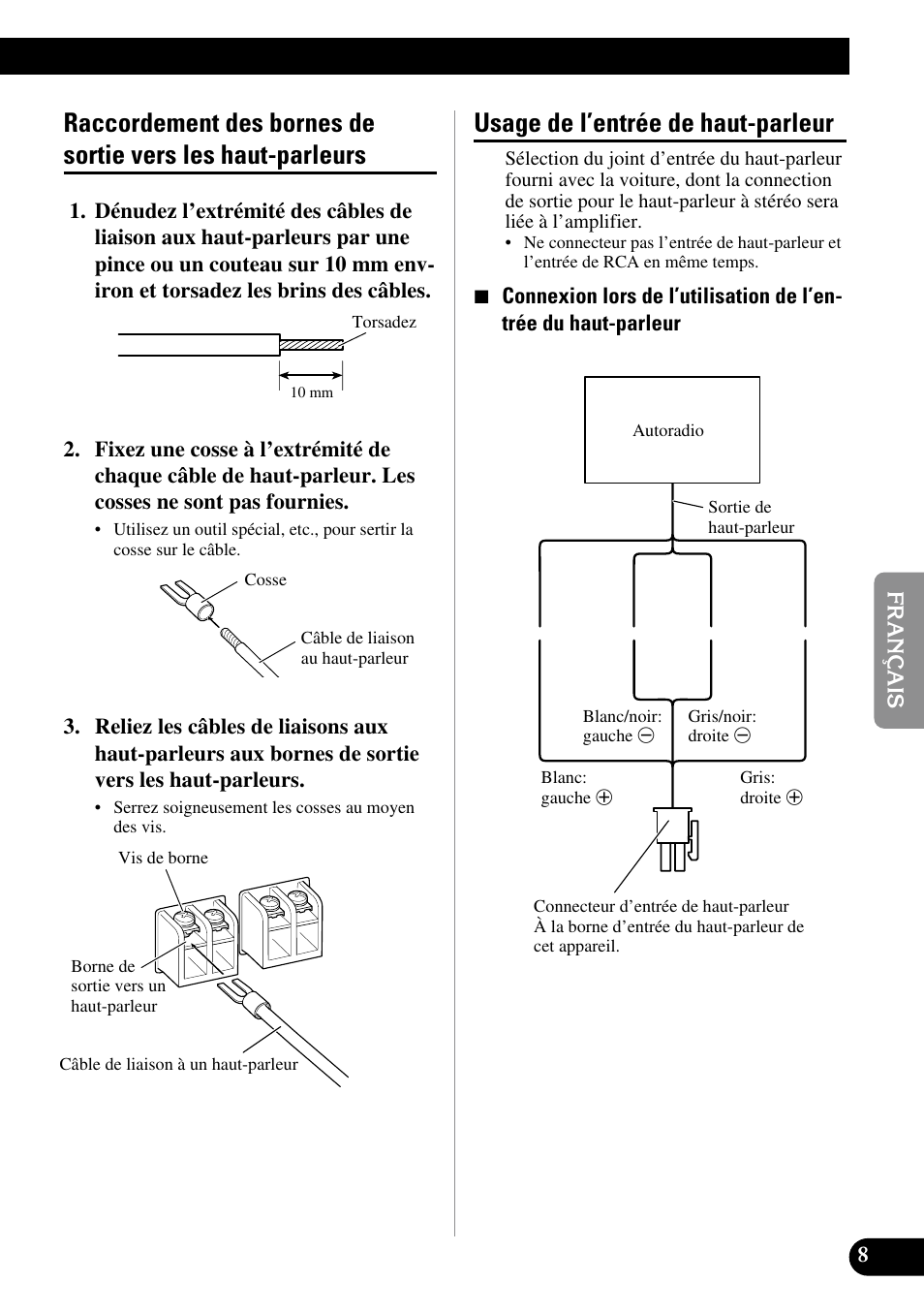 Raccordement des bornes de sortie vers, Les haut-parleurs, Usage de l’entrée de haut-parleur | Pioneer GM-3300T User Manual | Page 45 / 85