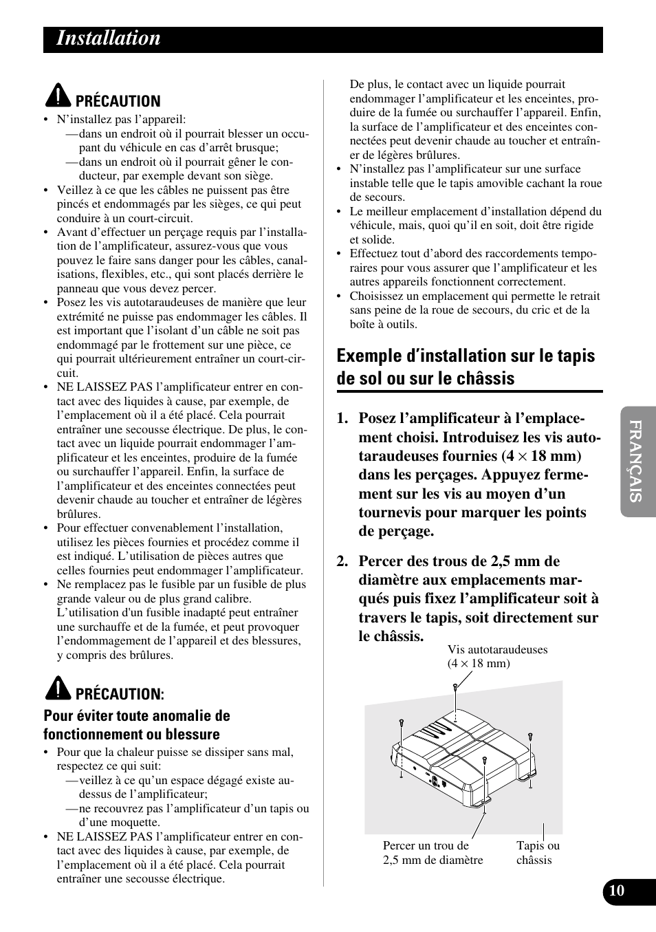 Installation, Exemple d’installation sur le tapis de sol, Ou sur le châssis | Pioneer GM-3300T User Manual | Page 47 / 85
