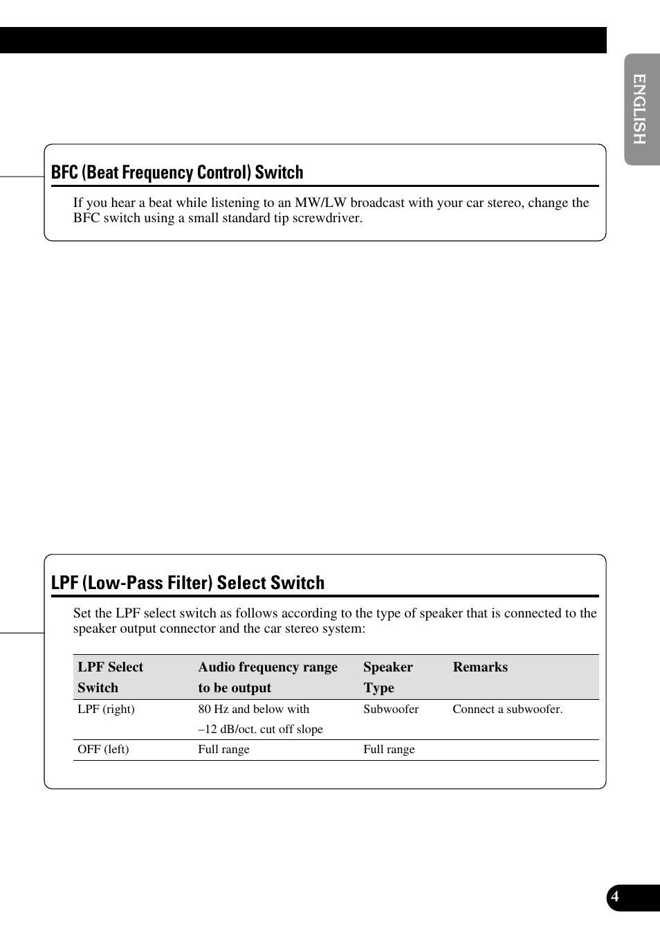 Lpf (low-pass filter) select switch, Bfc (beat frequency control) switch | Pioneer GM-3300T User Manual | Page 5 / 85