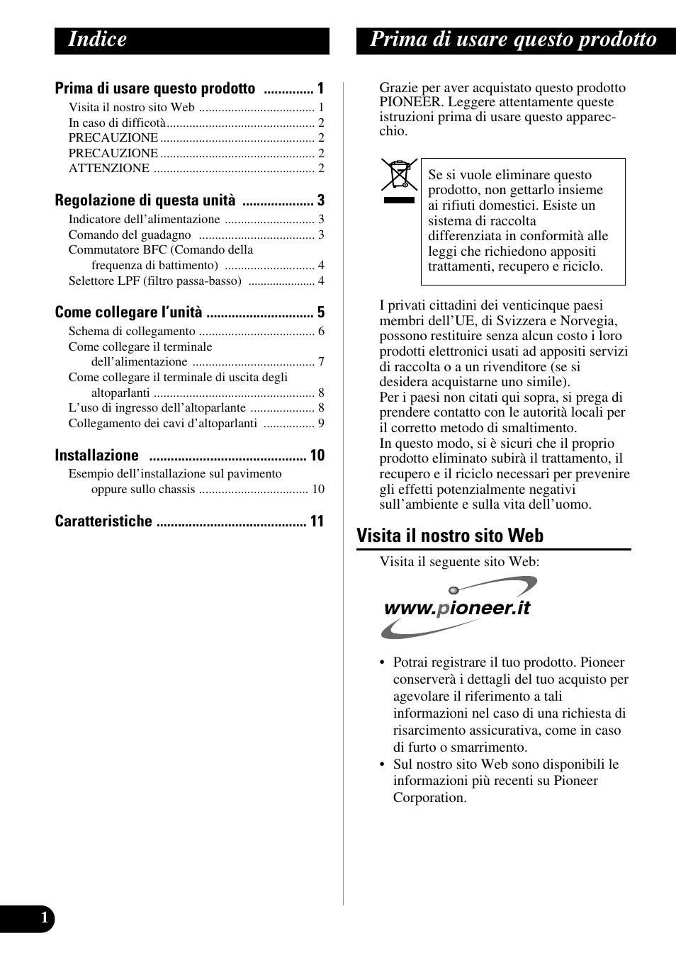 Italiano, Indice prima di usare questo prodotto, Visita il nostro sito web | Pioneer GM-3300T User Manual | Page 50 / 85