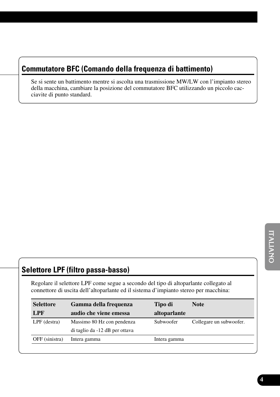 Commutatore bfc (comando della, Frequenza di battimento), Selettore lpf (filtro passa-basso) | Pioneer GM-3300T User Manual | Page 53 / 85