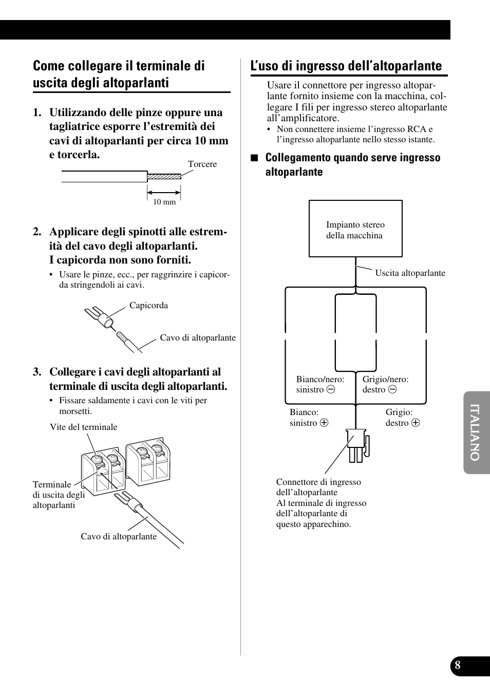 Come collegare il terminale di uscita degli, Altoparlanti, L’uso di ingresso dell’altoparlante | Pioneer GM-3300T User Manual | Page 57 / 85