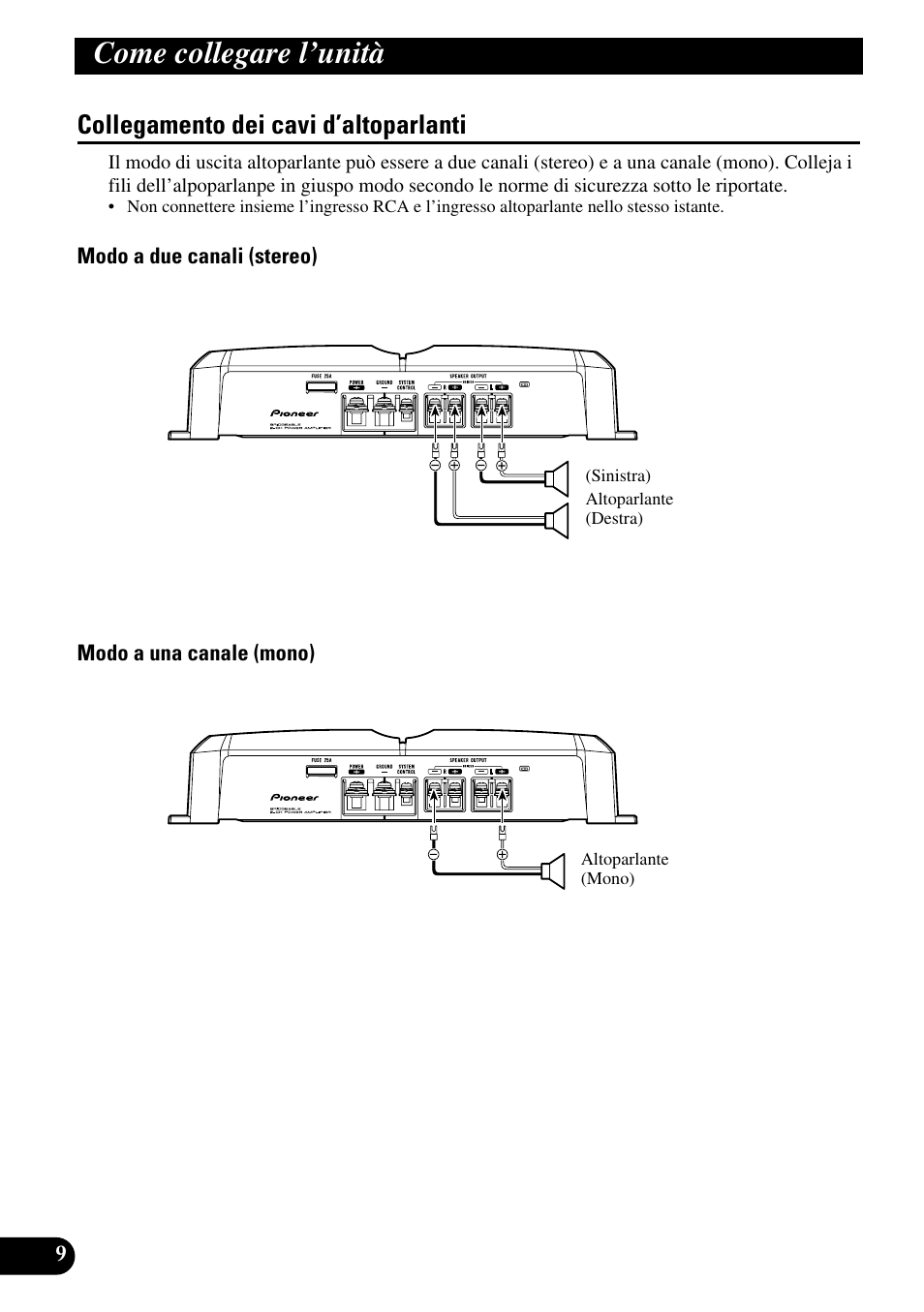 Collegamento dei cavi d’altoparlanti, Come collegare l’unità | Pioneer GM-3300T User Manual | Page 58 / 85