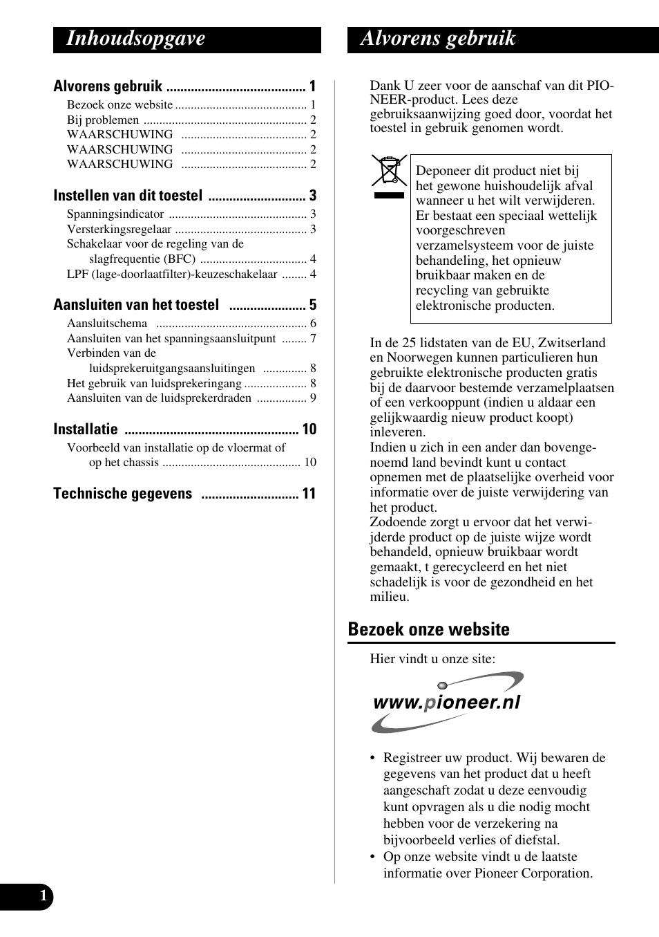 Nederlands, Inhoudsopgave alvorens gebruik, Bezoek onze website | Pioneer GM-3300T User Manual | Page 62 / 85