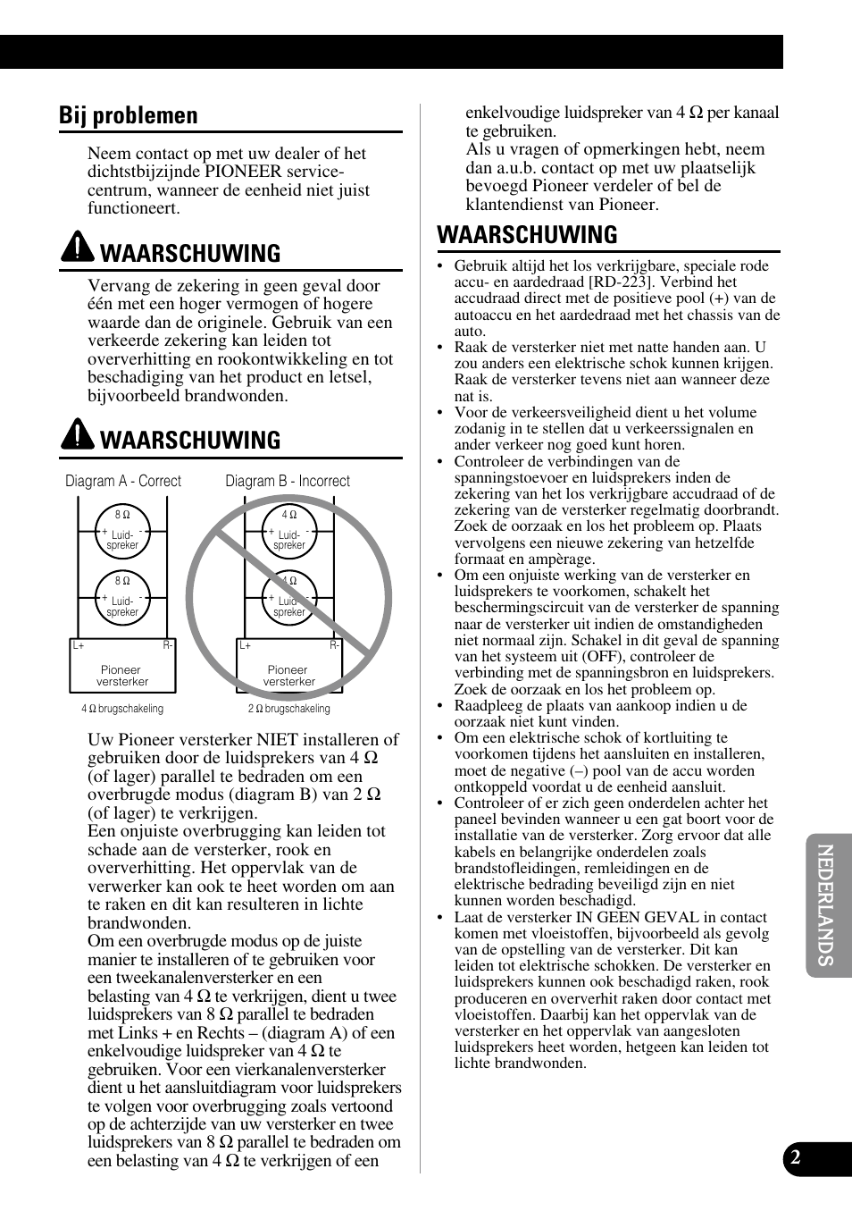 Bij problemen, Waarschuwing | Pioneer GM-3300T User Manual | Page 63 / 85