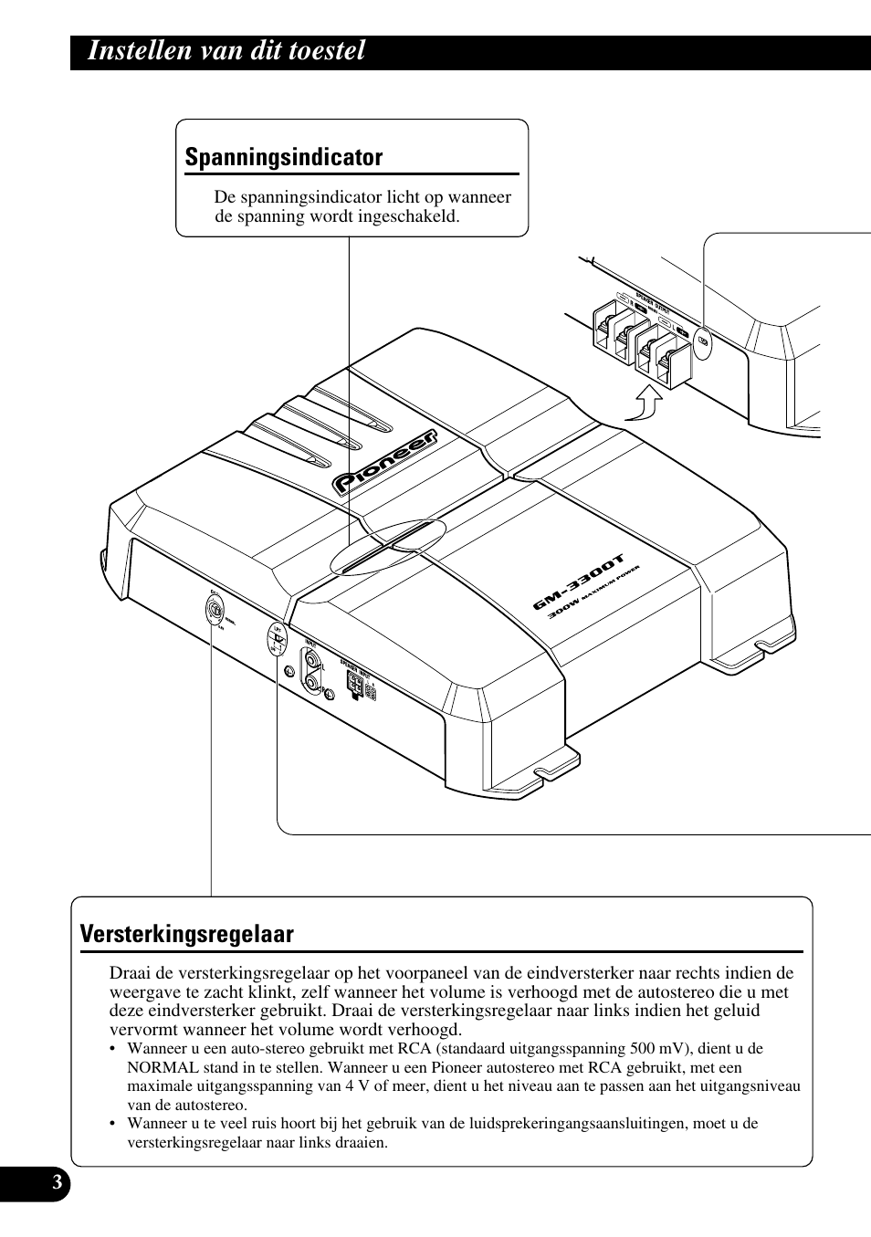 Instellen van dit toestel, Spanningsindicator versterkingsregelaar, Versterkingsregelaar | Spanningsindicator | Pioneer GM-3300T User Manual | Page 64 / 85