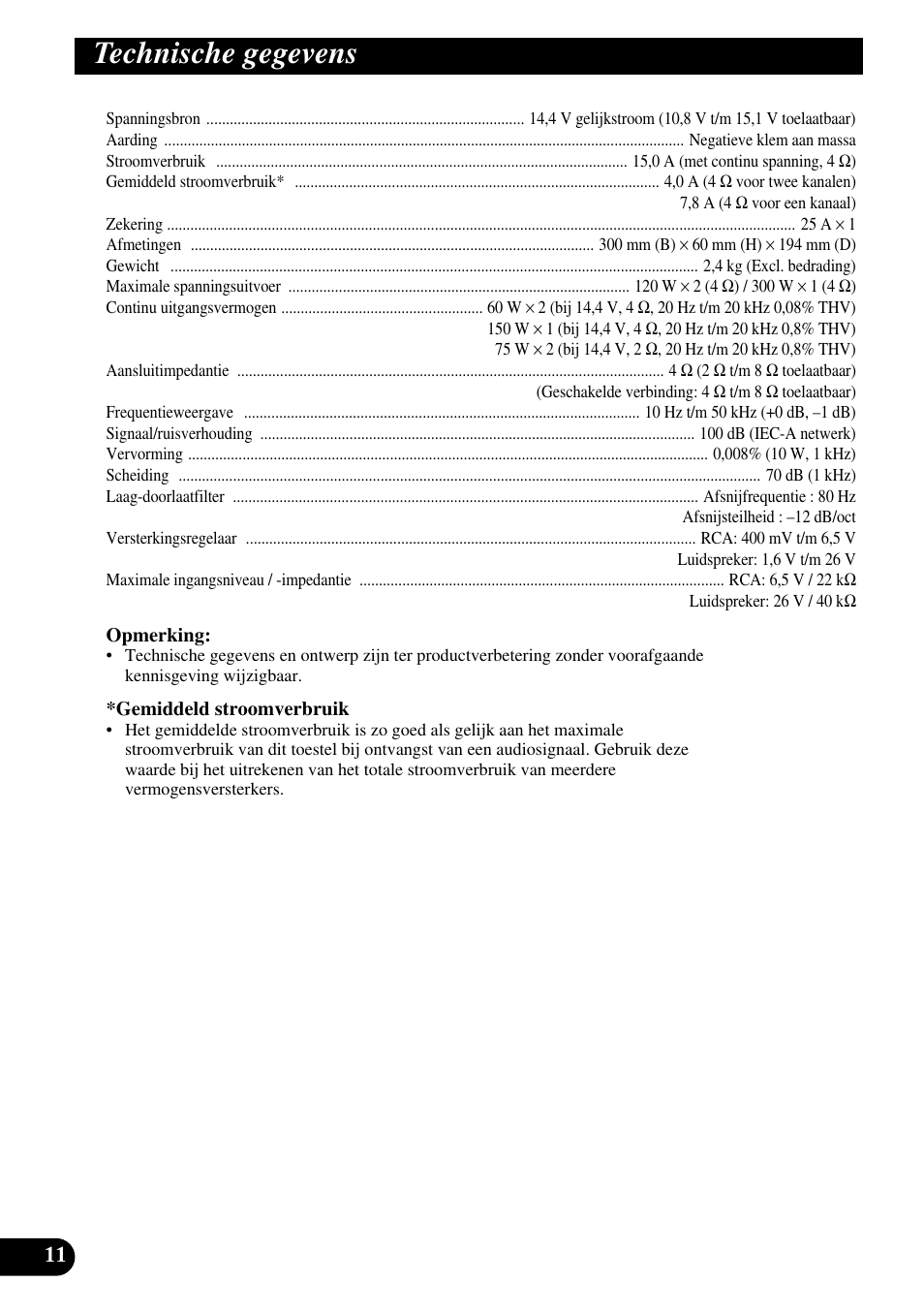 Technische gegevens | Pioneer GM-3300T User Manual | Page 72 / 85