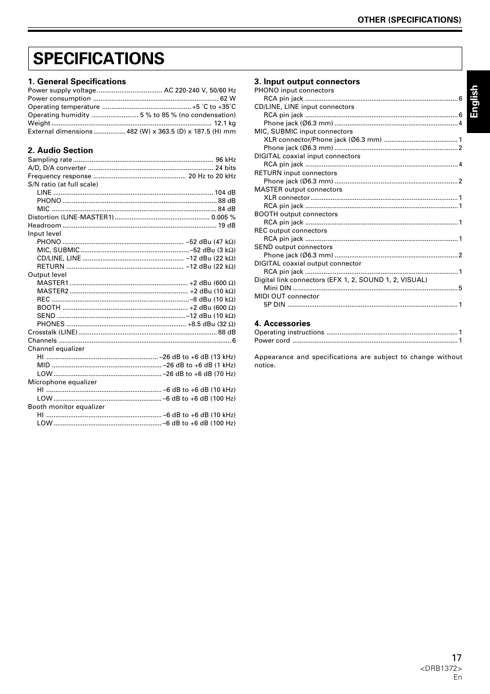 Specifications, English | Pioneer DJM-1000 User Manual | Page 17 / 98