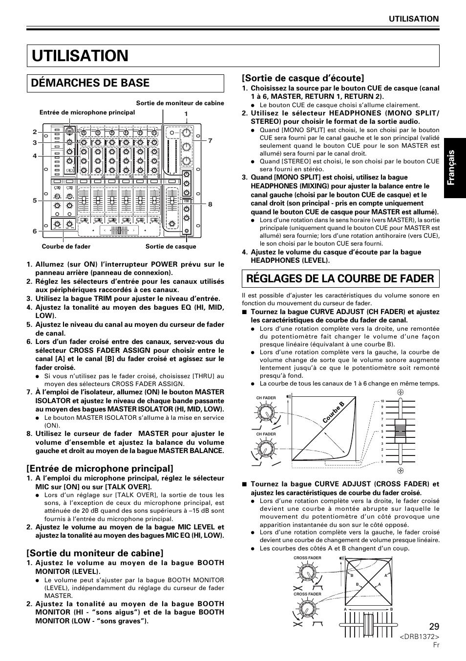 Utilisation, Démarches de base réglages de la courbe de fader, Réglages de la courbe de fader | Démarches de base, Fran ç ais, Entrée de microphone principal, Sortie du moniteur de cabine, Sortie de casque d’écoute | Pioneer DJM-1000 User Manual | Page 29 / 98