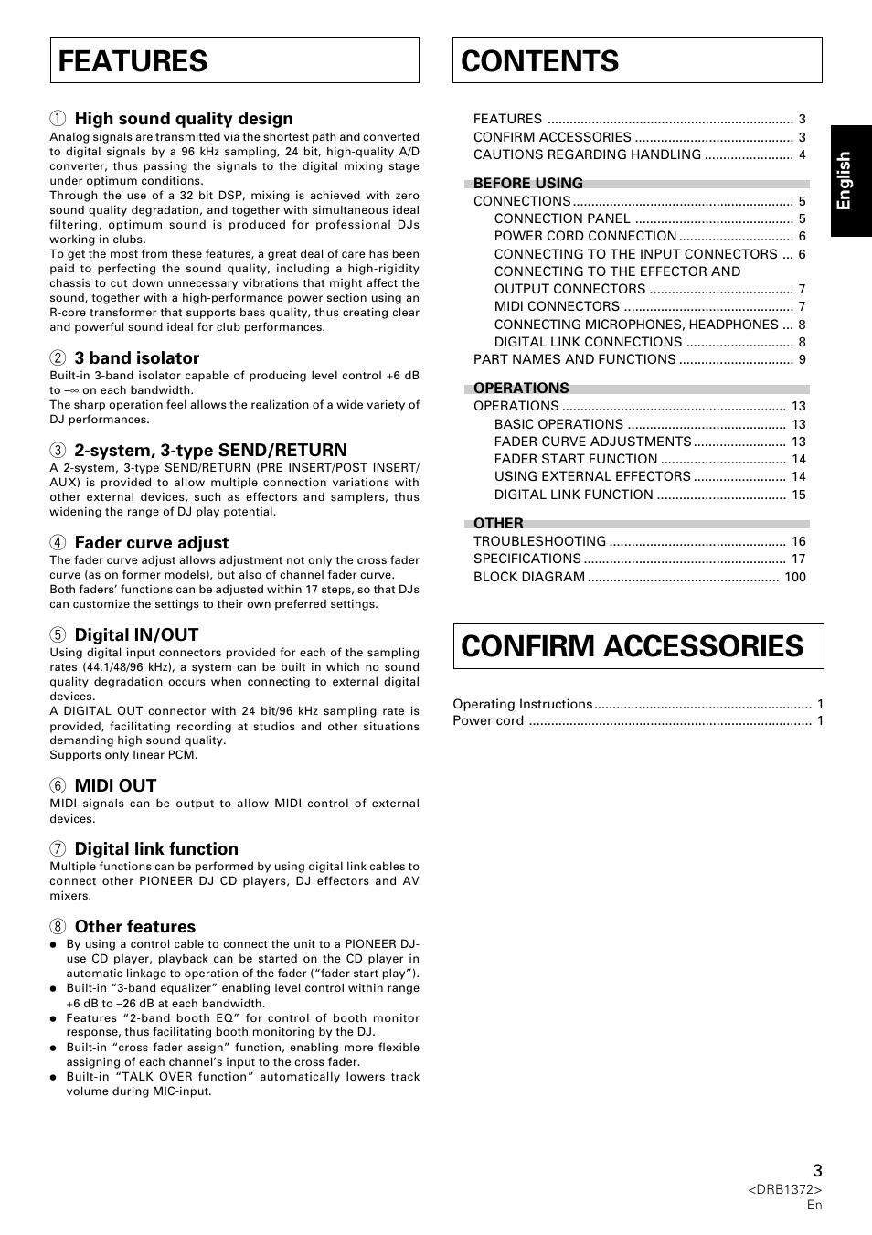 Djm-1000, Operating instructions, Features contents | Confirm accessories | Pioneer DJM-1000 User Manual | Page 3 / 98