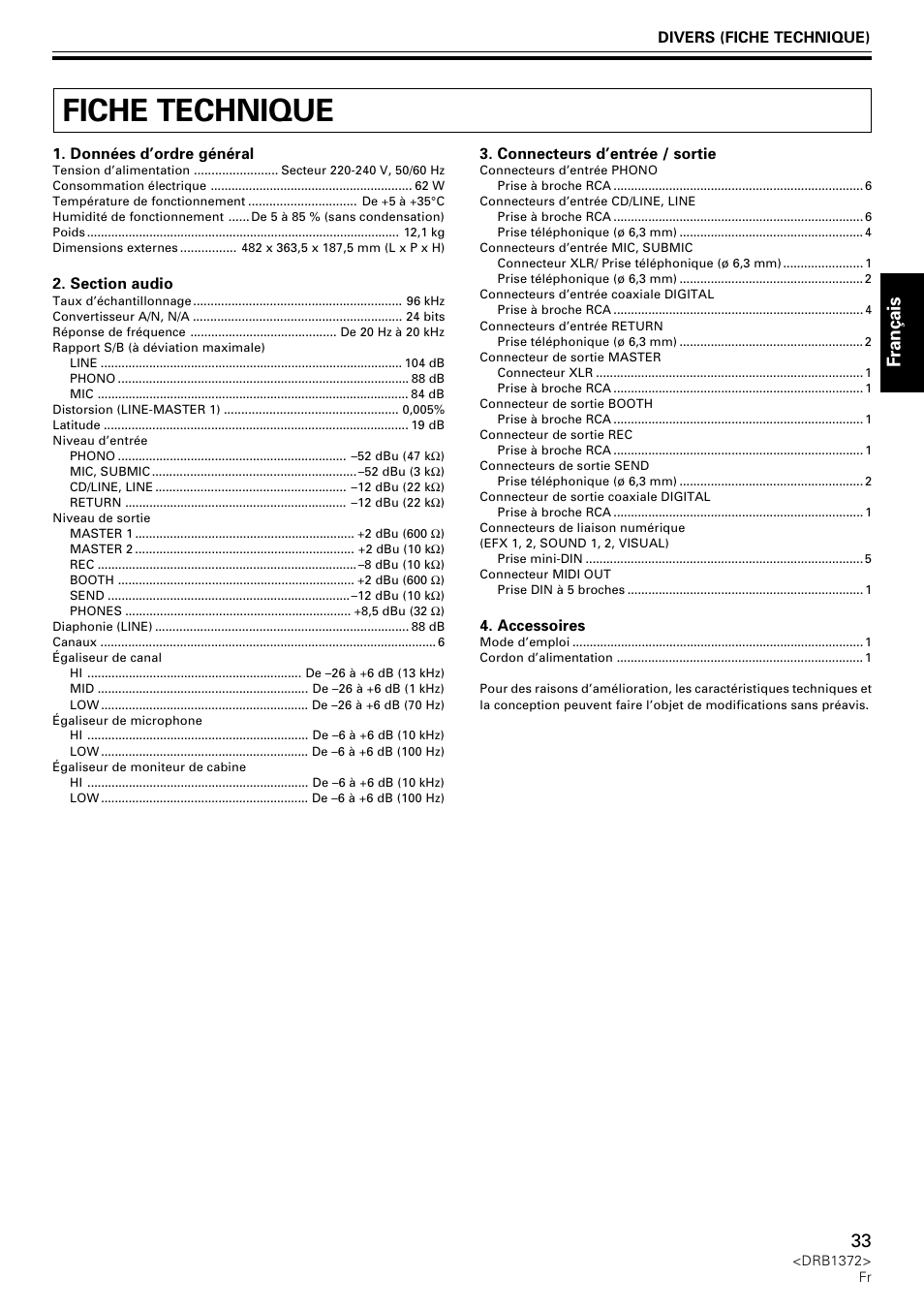 Fiche technique, Fran ç ais | Pioneer DJM-1000 User Manual | Page 33 / 98